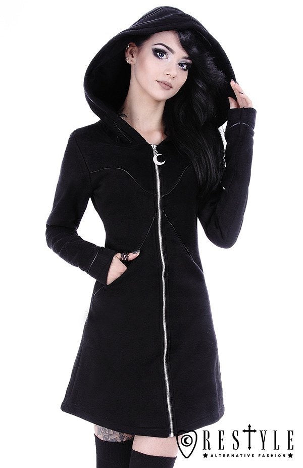 Long jacket with oversized hood, black riding hood, moon "LAYERED HOODIE"