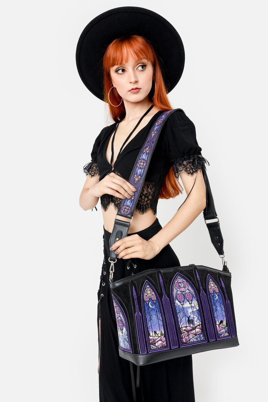 NORTHERN LIGHTS SHOPPER BAG Gothic purple embroidered bag with cathedral & aurora borealis motifs