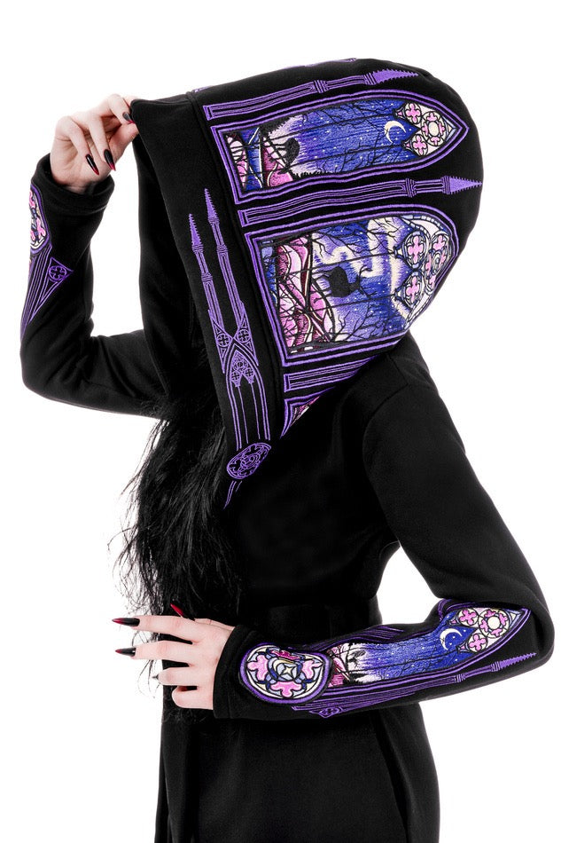 NORTHERN LIGHTS HOODIE Warm goth hoodie with purple embroidery of cathedral & aurora borealis motifs