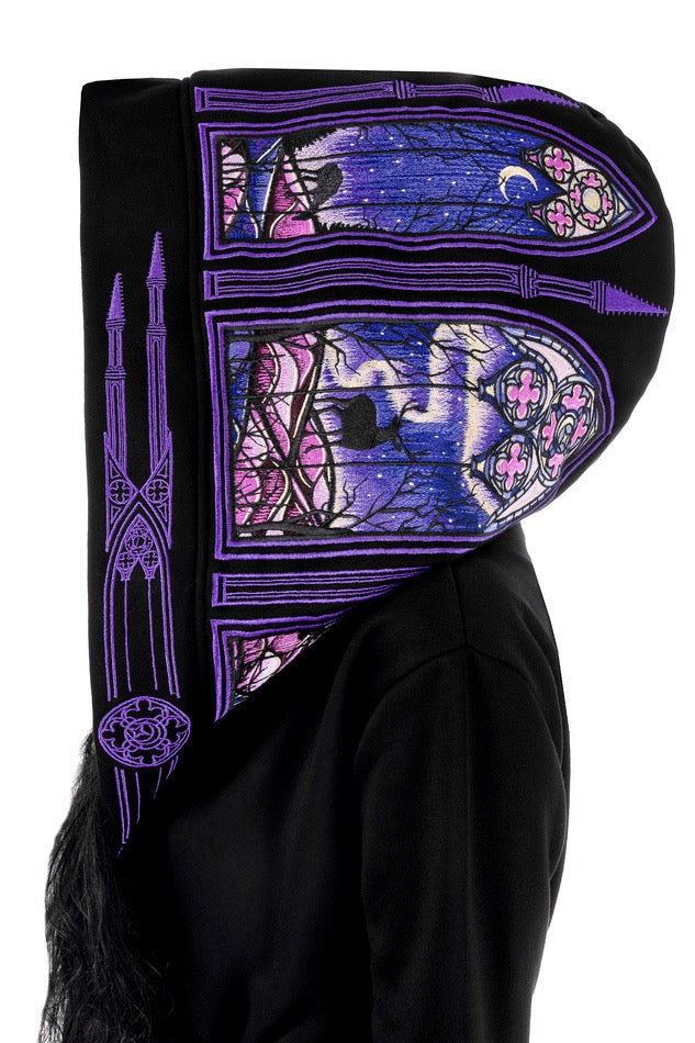 NORTHERN LIGHTS HOODIE Warm goth hoodie with purple embroidery of cathedral & aurora borealis motifs