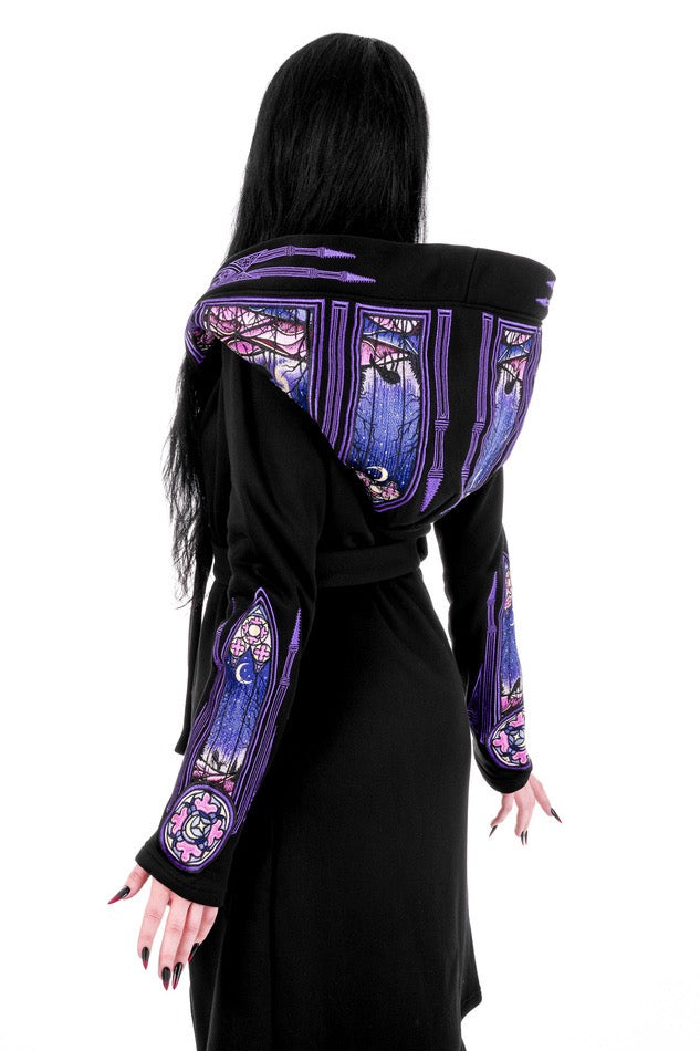 NORTHERN LIGHTS HOODIE Warm goth hoodie with purple embroidery of cathedral & aurora borealis motifs