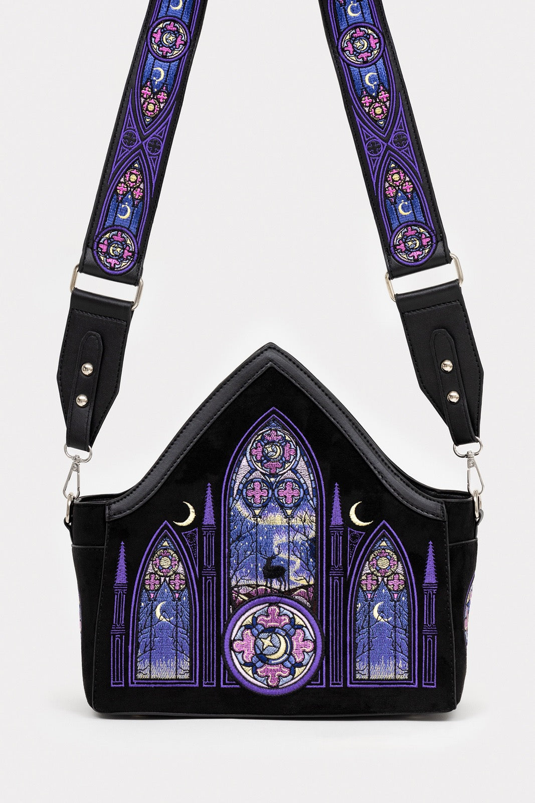 AURORA CROSS BODY BAG NORTHERN LIGHTS EMBROIDERY Embroidered faux suede bag with gothic cathedral & northern lights design