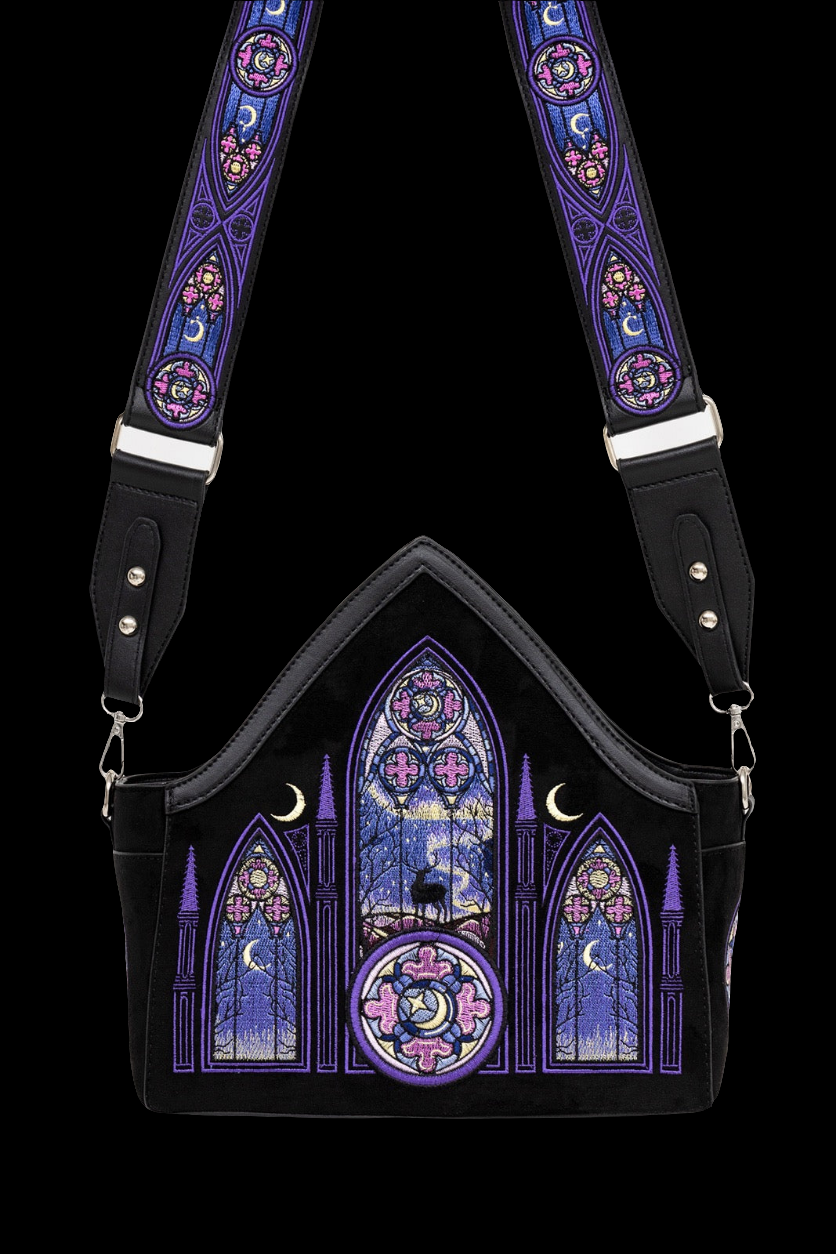 AURORA CROSS BODY BAG NORTHERN LIGHTS EMBROIDERY Embroidered faux suede bag with gothic cathedral & northern lights design