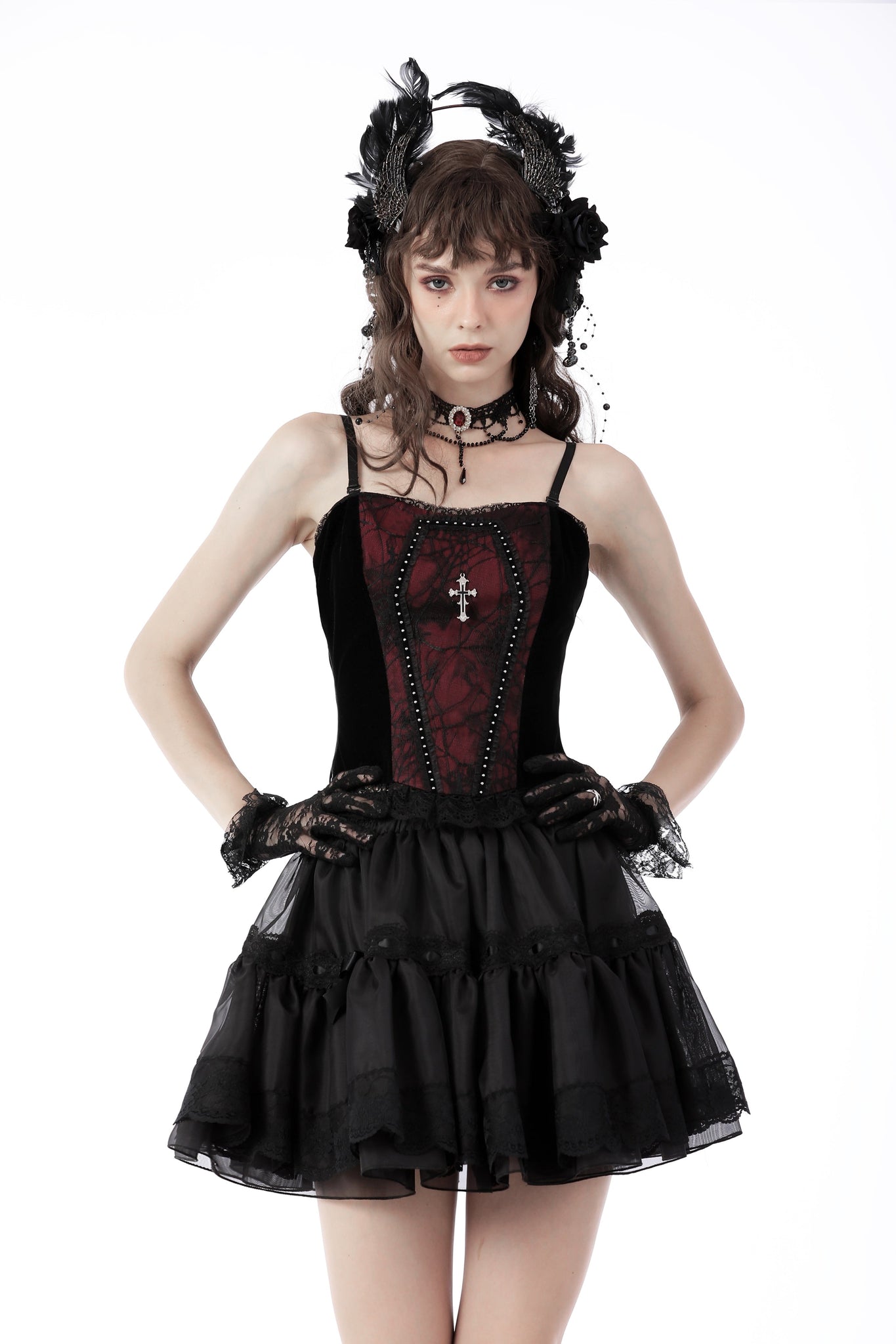 Gothic funeral dark red dead cross strap top