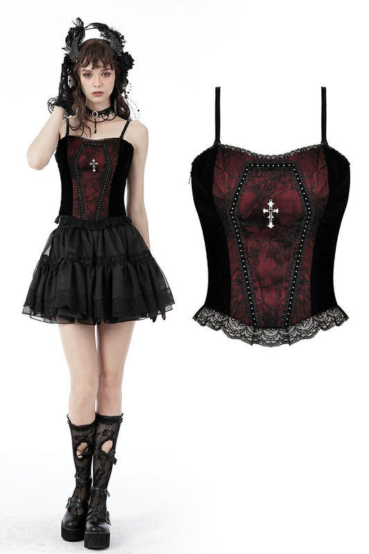 Gothic funeral dark red dead cross strap top