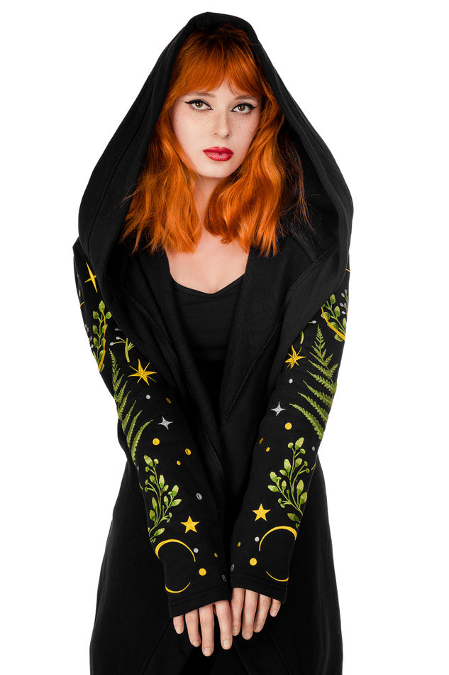 Long pagan HERBAL Hoodie with fern and crescent oversized hood