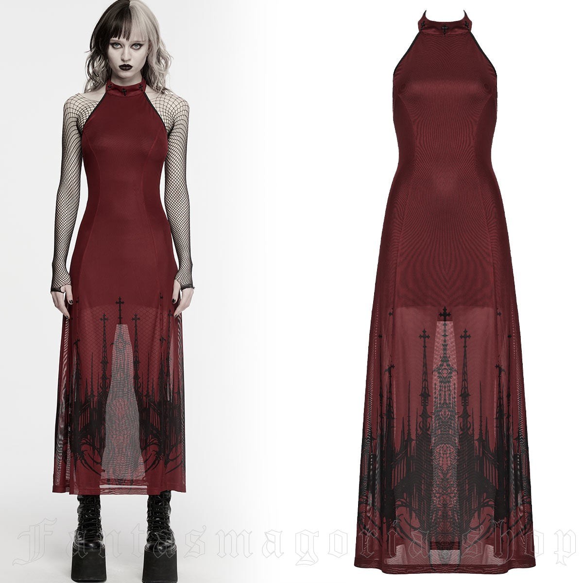 GOTHIC CATHEDRAL ROUGE MESH DRESS