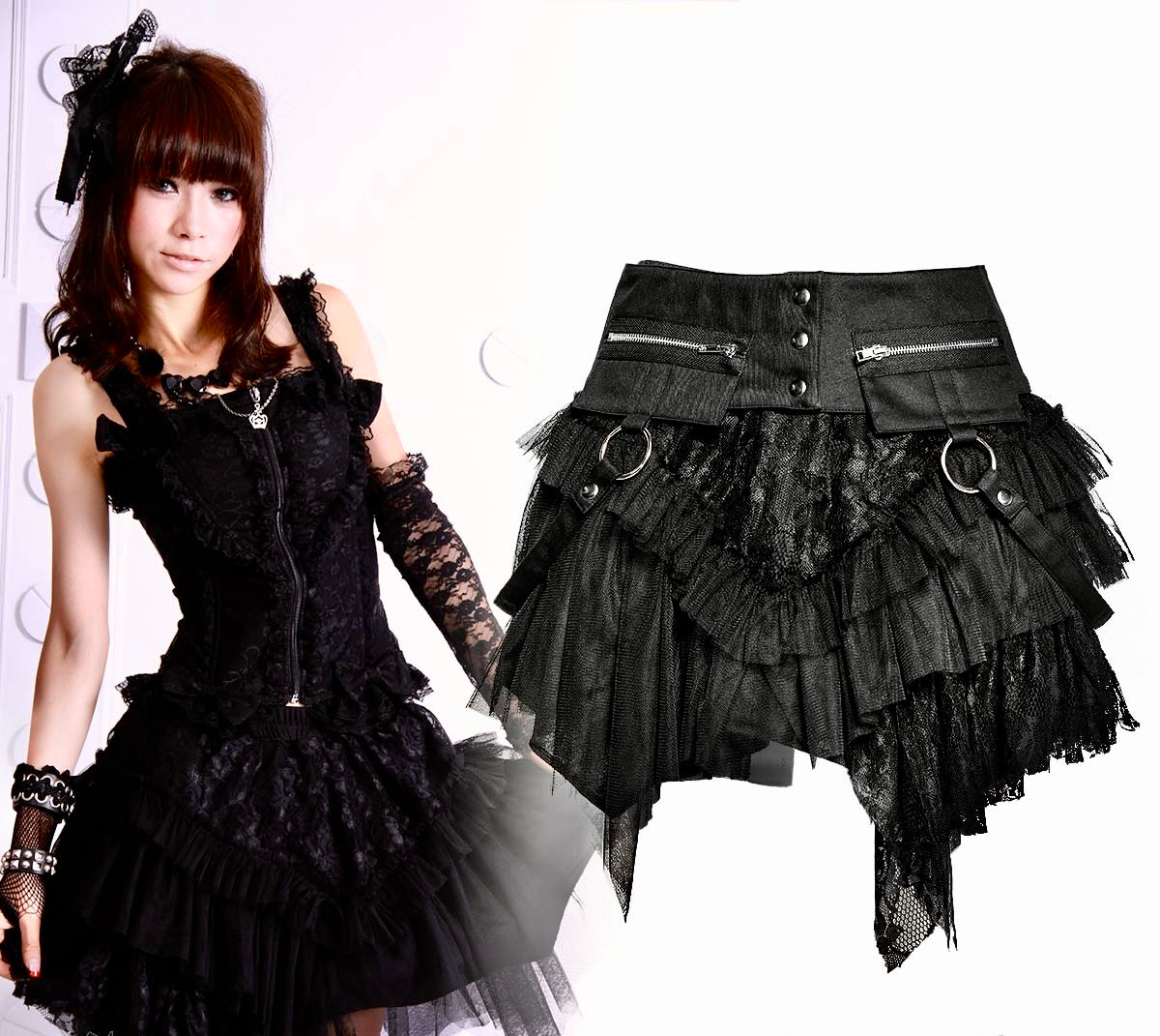 AMELIA LAYERED BLACK MINI SKIRT WITH BELT